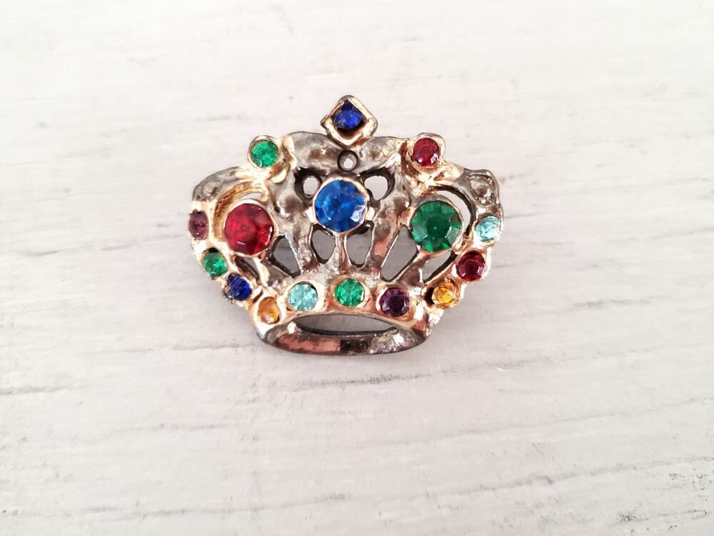 Vintage Multi-color Rhinestone Crown Pin